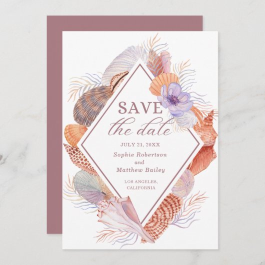 Beach Seashells Wasserfarben Coastal Chic Hochzeit Save The Date (Vorne/Hinten)