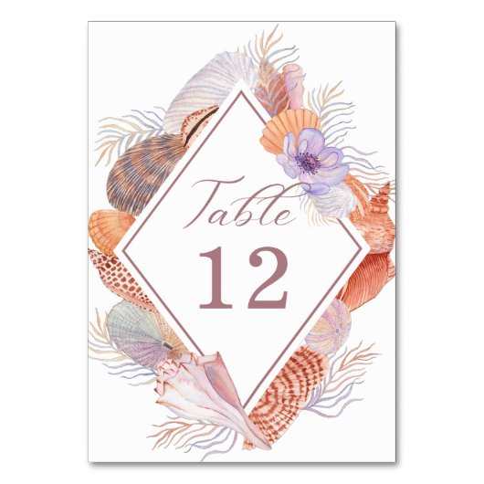 Beach Seashells Wasserfarben Coastal Chic Hochzeit Tischnummer (Vorderseite)