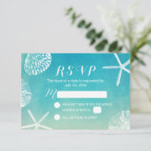 Beach Seashells Watercolor Türkis Wedding RSVP Karte (Stehend Vorderseite)