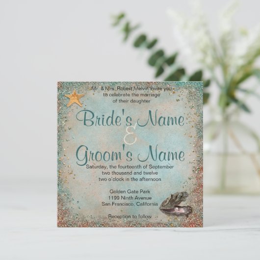 Beach Seashells Wedding Einladung (Stehend Vorderseite)