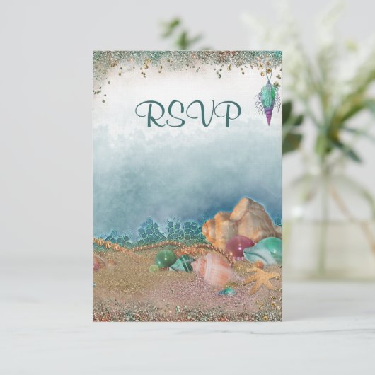 Beach Seashells Wedding RSVP Karte (Stehend Vorderseite)