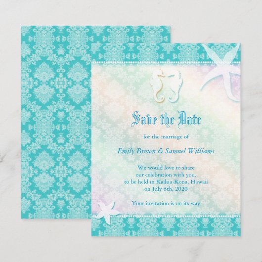 Beach Seepferd Aqua Wedding Save the Date (Vorne/Hinten)