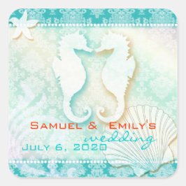 Beach Seepferd Aqua Wedding Save the Date Quadratischer Aufkleber