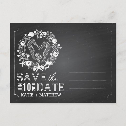 Beach Seepferd Seashell Chalkboard Save the Date Ankündigungspostkarte (Rückseite)