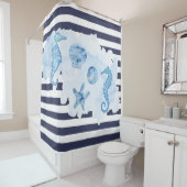 Beach Seepferd Watercolor Starfish Navy Blue White Duschvorhang (Beispiel)