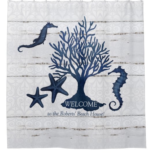 Beach Shore Navy Blue Familienname Seepferd Coral Duschvorhang (Vorderseite)