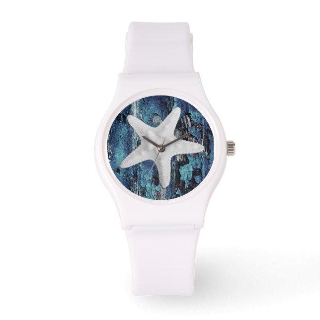 Beach Starfish Blue Rustikale White Armbanduhr (Vorderseite)
