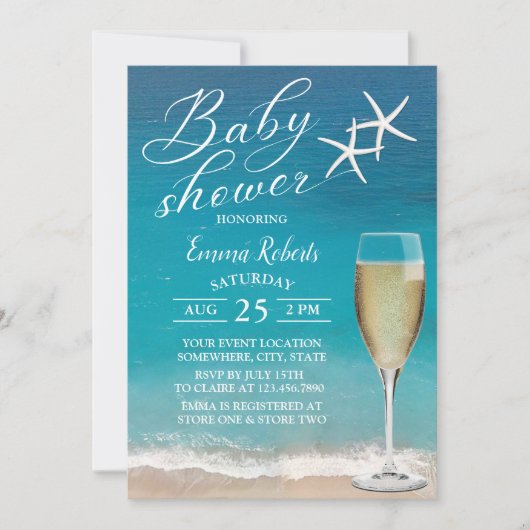 Beach Starfish & Champagne Glass Baby Dusche Einladung (Vorderseite)