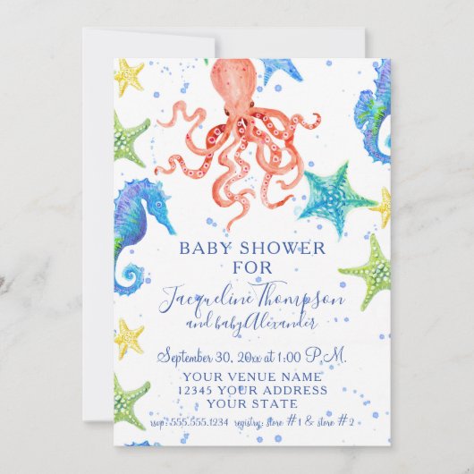 Beach Starfish Octopus Seepferd Boy Babydusche Einladung (Vorderseite)