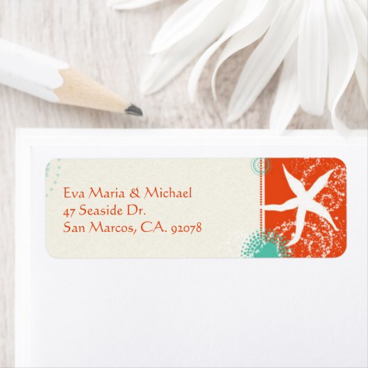 Beach Starfish Red Aqua Wedding Rücksendeadresse (Insitu)