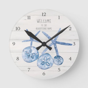 Beach Starfish Sand Dollar Modern Blue White Wood Runde Wanduhr