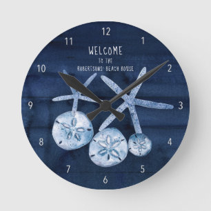 Beach Starfish Sand Dollar Modern Navy Blue Wood R Runde Wanduhr