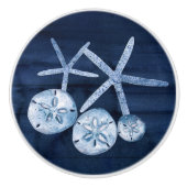 Beach Starfish Sand Dollar Navy Blauer rustikaler Keramikknauf (Vorderseite)