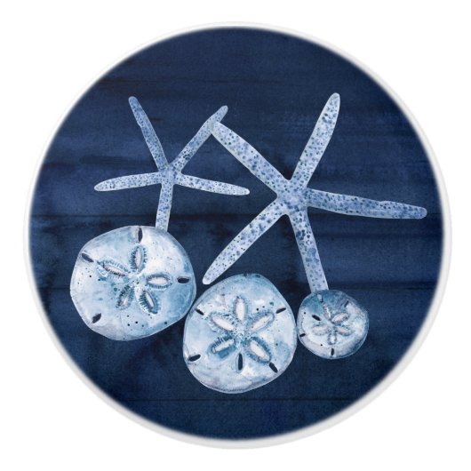 Beach Starfish Sand Dollar Navy Blauer rustikaler  Keramikknauf (Vorderseite)