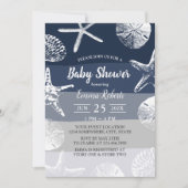 Beach Starfish & Seashells Navy Blue Baby Dusche Einladung (Vorderseite)