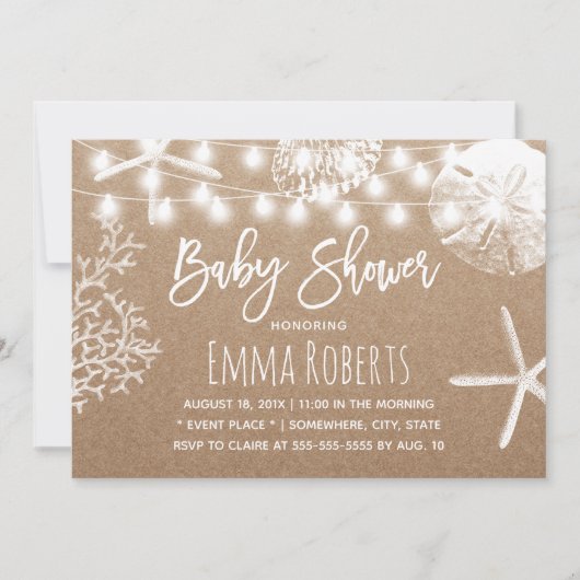 Beach Starfish Seashells Rustic Kraft Baby Dusche Einladung (Vorderseite)