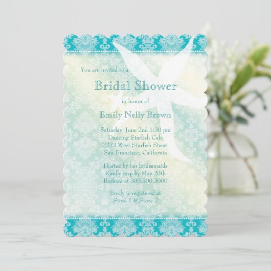 Beach Starfish Summer Brautparty Einladung (Stehend Vorderseite)