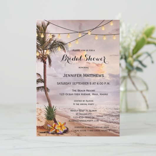 Beach String Lights Bridal Dusche Einladung (Stehend Vorderseite)