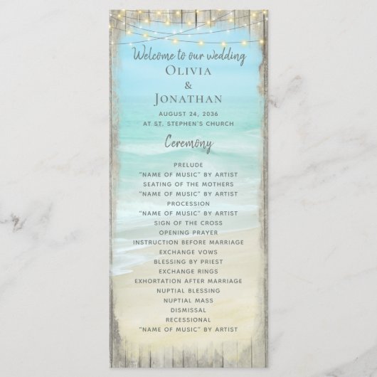 Beach String Lights Rustic Wood Wedding Programm (Vorderseite)