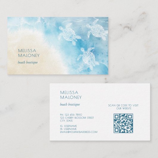 Beach Style White Turtles Scan QR Code Visitenkarte (Vorne/Hinten)