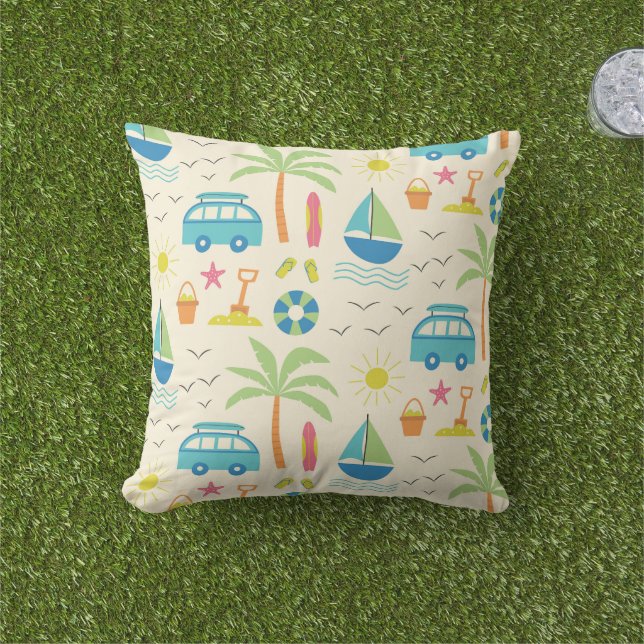 Beach Summer Pattern mit Palmen und Booten Kissen (Golfball-Marker)
