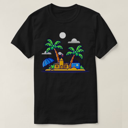 Beach Summer Sand Castle und Kokospalmen Cartoon T-Shirt (Design vorne)