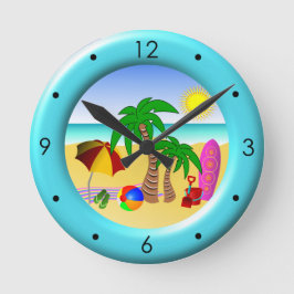 Beach Sun Sea und Surf Fun Mittelblauer Rundschau Runde Wanduhr