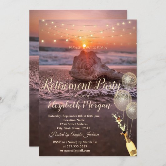 Beach Sunet Seashell Balloons, Weinruhestand Einladung (Vorne/Hinten)