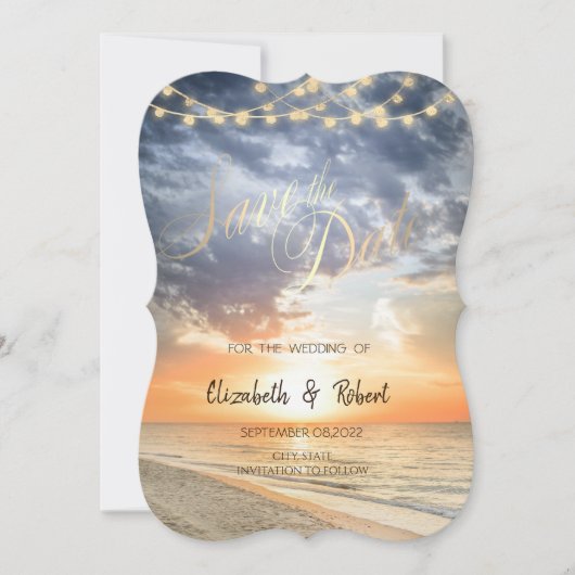 Beach Sunrise String Lights Save the Date (Vorderseite)