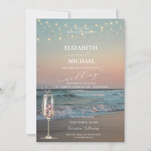 Beach Sunset, Champagner-Glasschrift Hochzeit Einladung (Vorderseite)