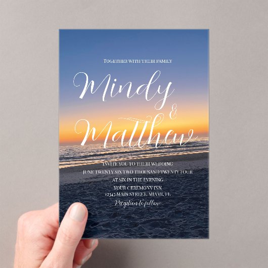 Beach Sunset Down Destination Blue Wedding Acryleinladungen (Insitu (Handheld))