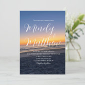 Beach Sunset Down Destination Blue Wedding Einladung (Stehend Vorderseite)