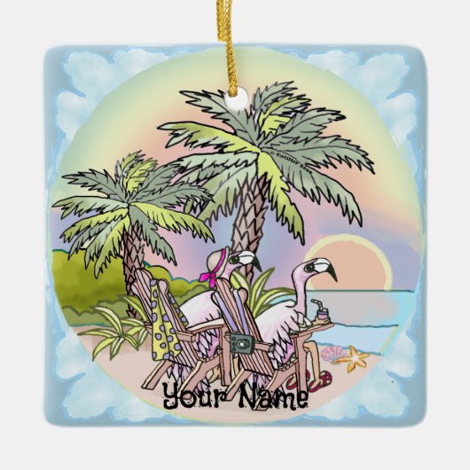 Beach Sunset Flamingo Keramikornament (Vorderseite)