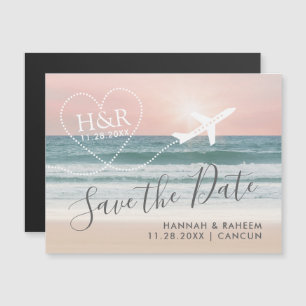 Beach Sunset Flugzeug Herz Magnetic Save the Date Magnetkarte