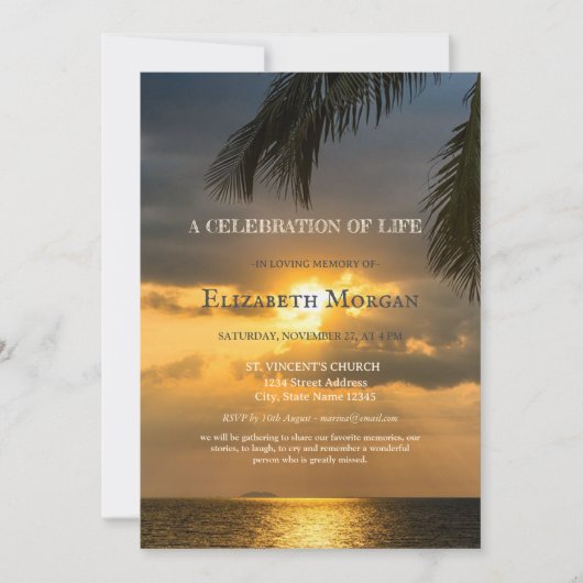 Beach Sunset Palm Feier des Lebens Einladung (Vorderseite)