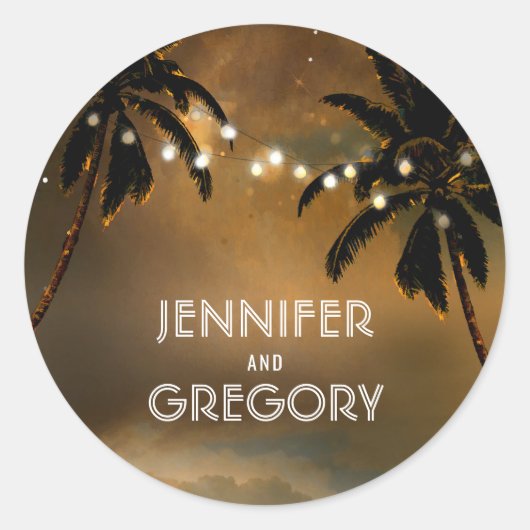Beach Sunset Palm String Lights Hochzeit Runder Aufkleber (Vorderseite)