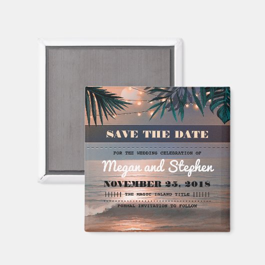 Beach Sunset Palm String Lights Save the Date Magnet (Vorderseite/Rückseite)