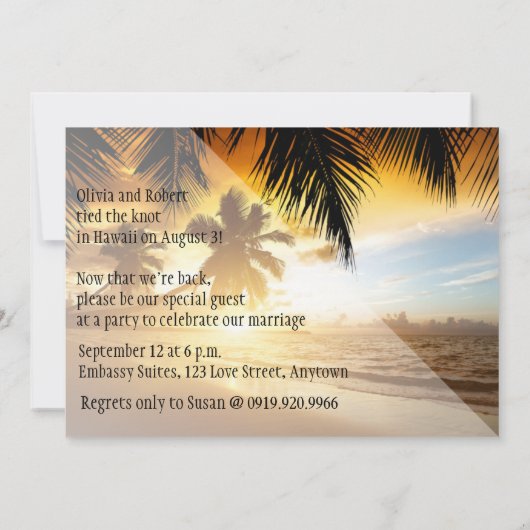 Beach Sunset Palm Trees Bird of Paradise Empfang Einladung (Rückseite)
