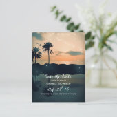Beach Sunset Palms Save the Date Ankündigungspostkarte (Stehend Vorderseite)