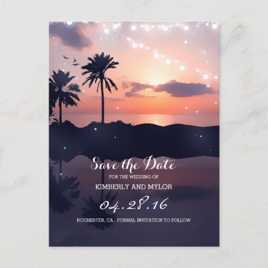 Beach Sunset Palms Save the Date Ankündigungspostkarte (Vorderseite)