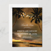Beach Sunset Palms String Lights Save the Date Ankündigungspostkarte (Vorne/Hinten)
