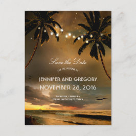 Beach Sunset Palms String Lights Save the Date Ankündigungspostkarte