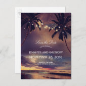 Beach Sunset Palms String Lights Save the Date Ankündigungspostkarte (Vorne/Hinten)