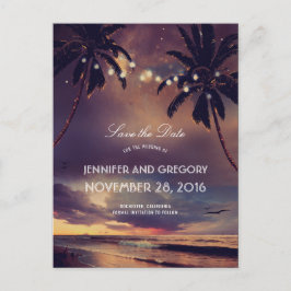Beach Sunset Palms String Lights Save the Date Ankündigungspostkarte