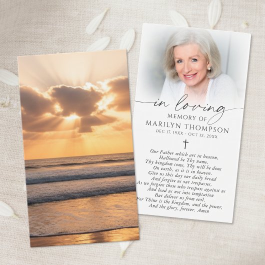 Beach Sunset Photo Cross Memorial Prayer Card