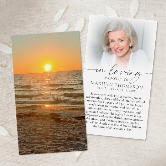 Beach Sunset Photo Funeral Sympathy Prayer Card