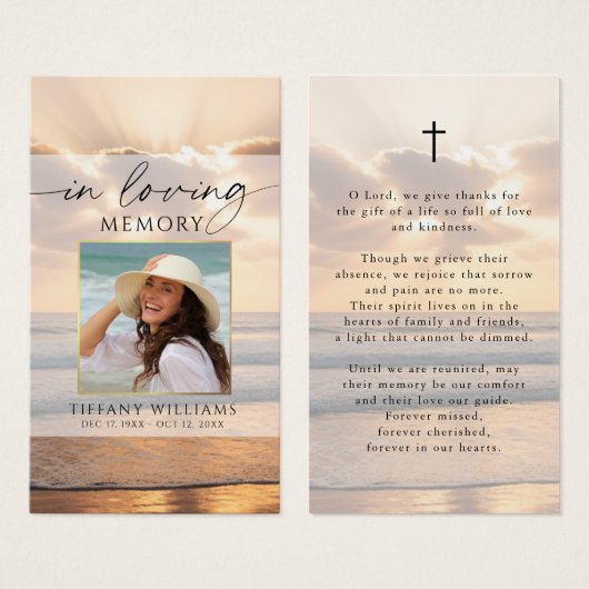 Beach Sunset Photo In Loving Memory Prayer Card (Vorne & Hinten)