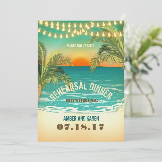 Beach Sunset Probe Dinner 2 Einladung (Stehend Vorderseite)