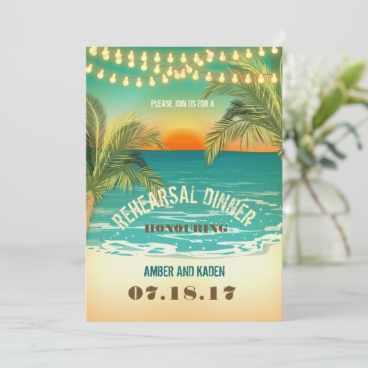 Beach Sunset Probe Dinner Einladung (Stehend Vorderseite)