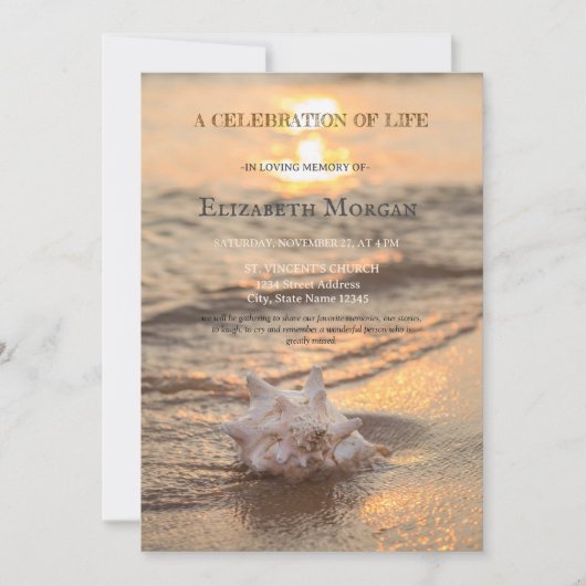 Beach Sunset Seashell Feier des Lebens Einladung (Vorderseite)